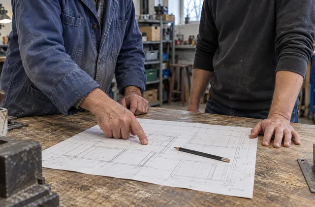 Zwei Generationen besprechen einen Arbeitsplan in einer Werkstatt
