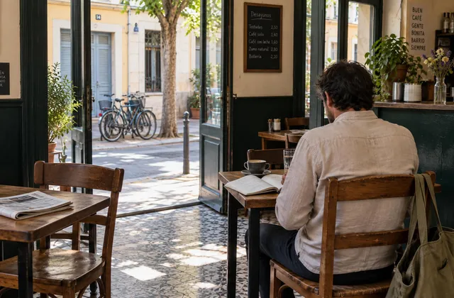 Eine Person plant mit einem Notizbuch in einem spanischen Café
