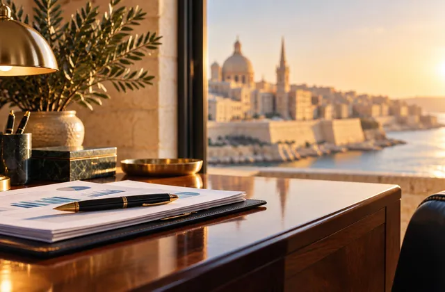 Bureau met financiële documenten en een vulpen, op de achtergrond de skyline van Valletta in het gouden avondlicht