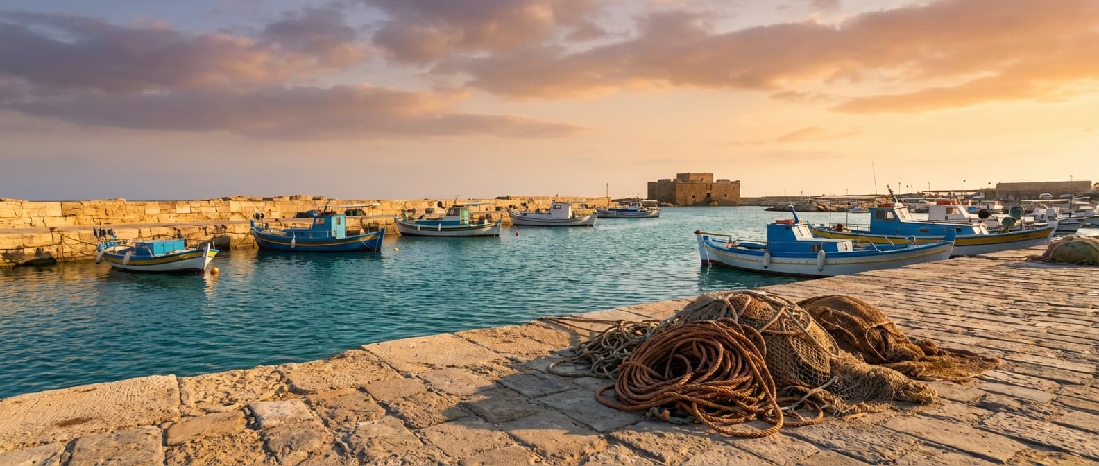 Hafen von Paphos bei Sonnenuntergang
