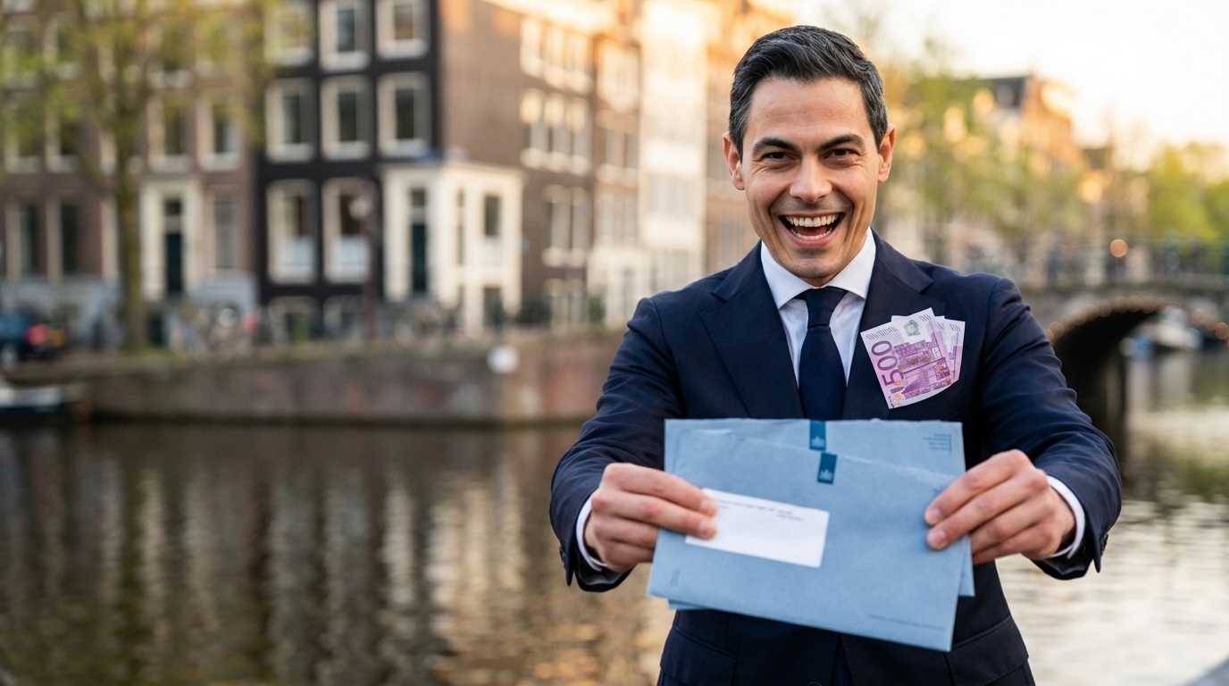 Nederlander met Belastingdienst-brief aan de Amsterdamse gracht